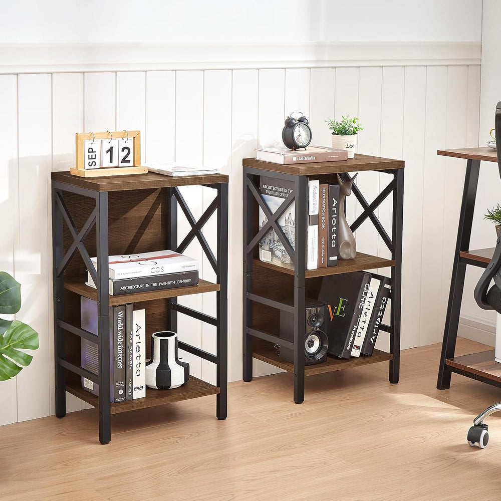 MNEETRUNG Small Bookshelf, 3 Tier Industrial Shelf with Metal Frame and Backb...