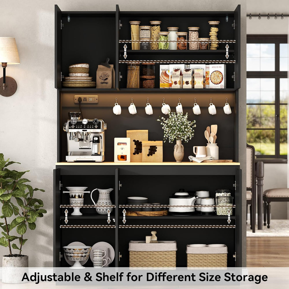 71" Black Kitchen Pantry with Power Outlet, Kitchen Hutch with LED Light...