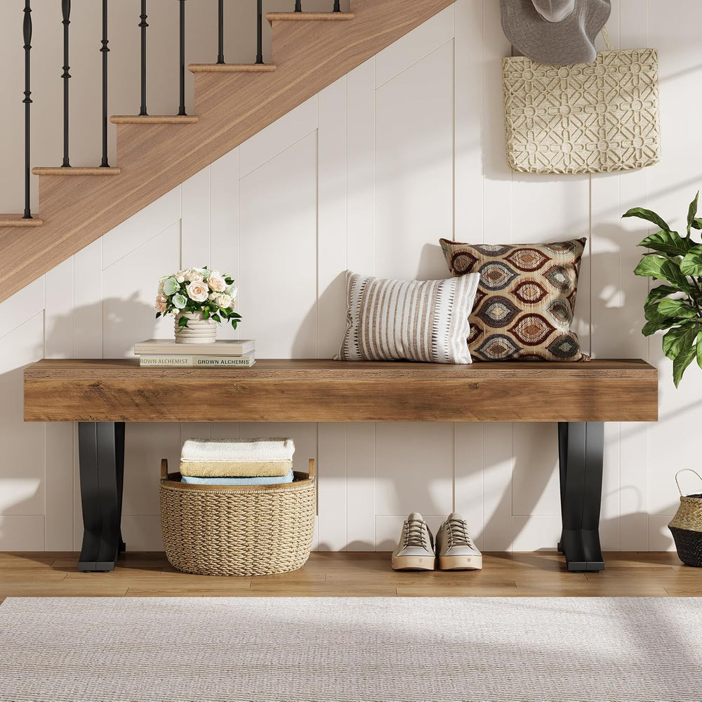 Tribesigns Entryway Shoe Bench, 55-Inch Wooden Shoe Bench with Metal X-Shaped...
