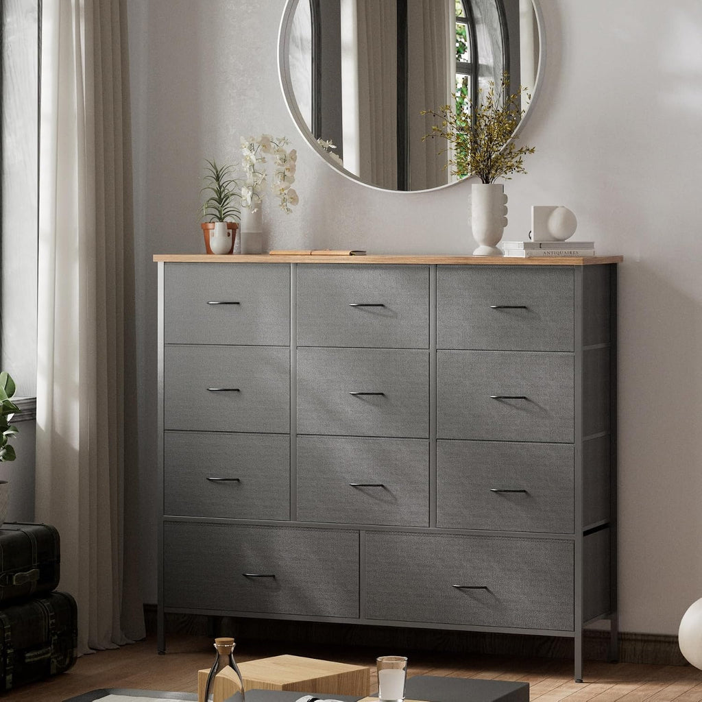 VASICAR 43.3" Wide Fabric Dresser for Bedroom, Chest of Drawers with 11 Deep Drawers, Multi-Drawers TV Stand TV Console, Storage Organizer for Closet, Nursery (Black)