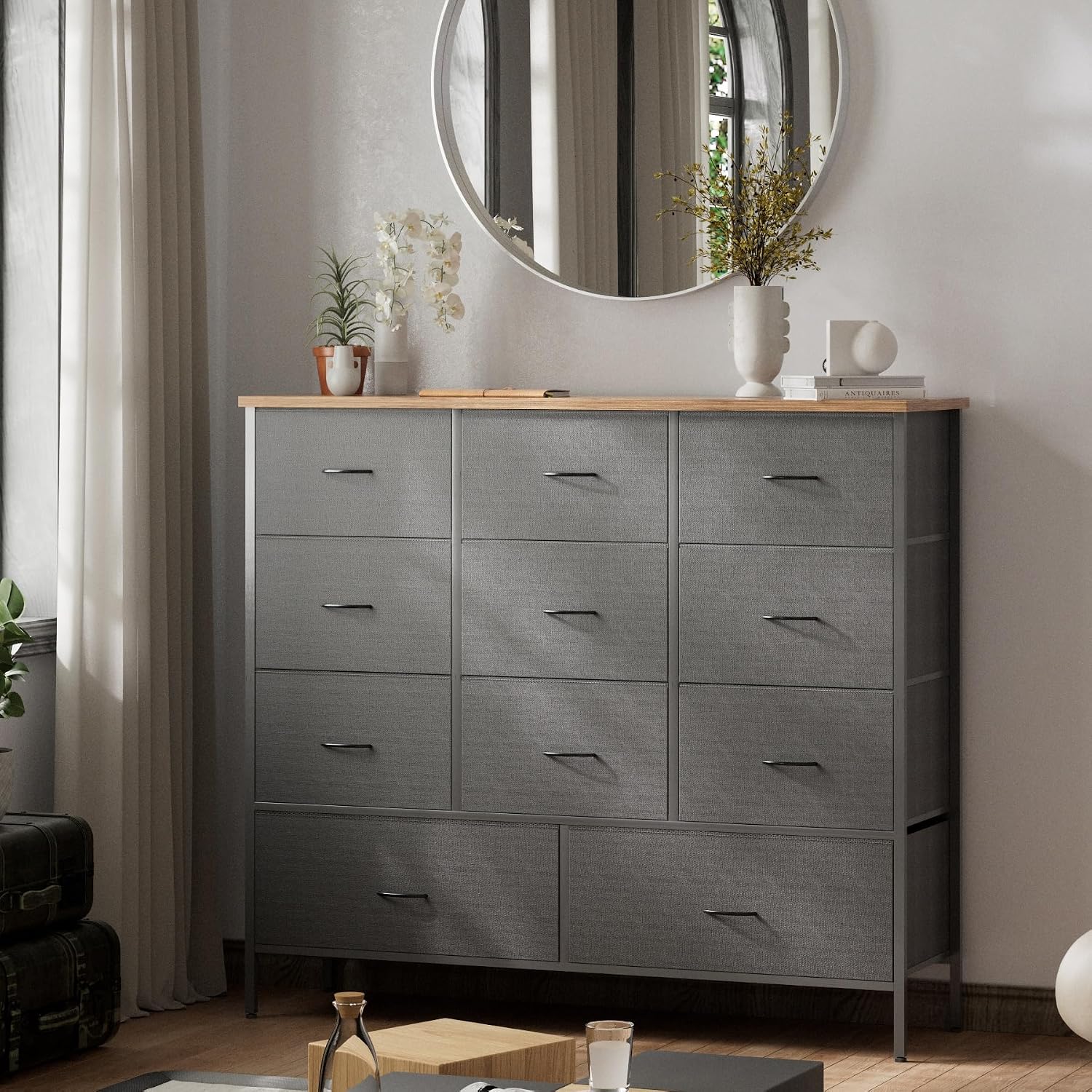 VASICAR 43.3" Wide Fabric Dresser for Bedroom, Chest of Drawers with 11 Deep Drawers, Multi-Drawers TV Stand TV Console, Storage Organizer for Closet, Nursery (Black)