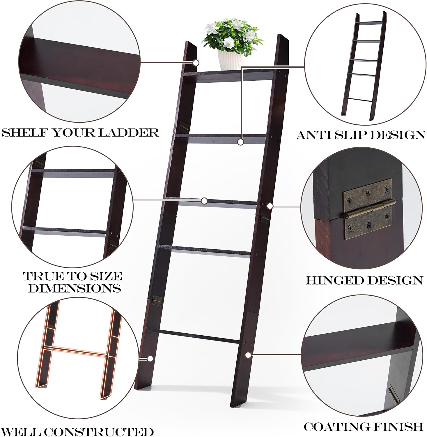 XUNIQUE 5-Tier Blanket Ladder for The Living Room, 4.8 FT Anti-Slip Decorative Ladder Shelf Leaning Quilt Rack, Lightweight, Easy Assemble, Wooden Blanket Rack (Brown)