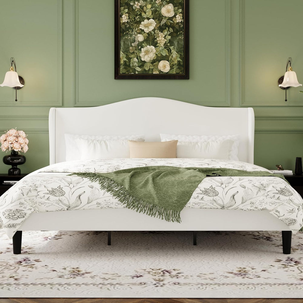 HA CERLIN King Size Bed Frame with Curved Wingback Headboard,Soft White