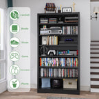 Metal CD Storage Shelf, 7 Tier Tall DVD Storage Cabinet with Adjustable Shelves, Freestanding Rack for Media, Video, Games, Black Bookshelf for Living Room, Media Room