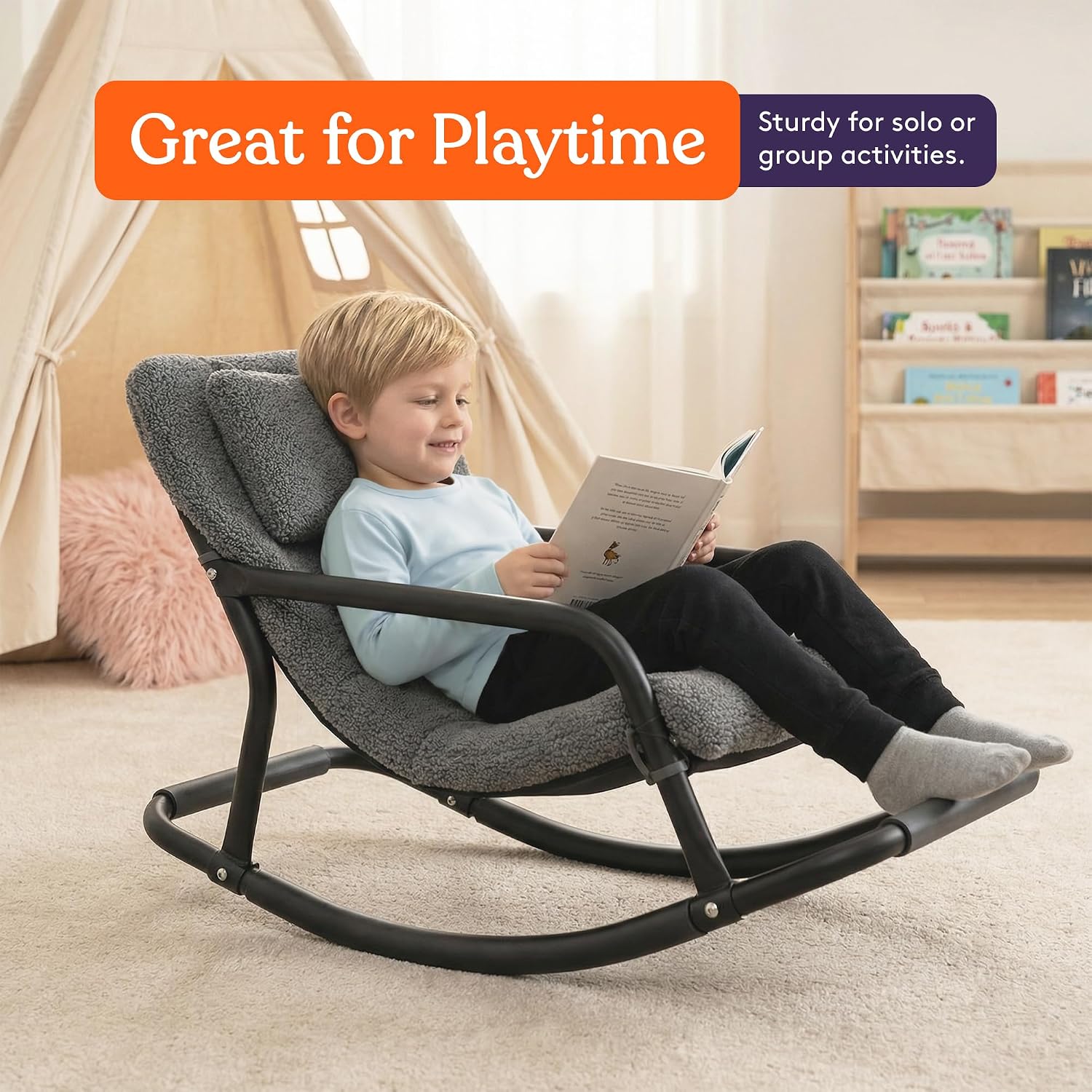 Special Supplies Sensory Boucle Rocking Chair for Kids - Comfortable Kids Rocker- Versatile Floor Chair with Soft Fabric and Stability for Playroom, Bedroom, or Nursery (Ages 3+) - Charcoal