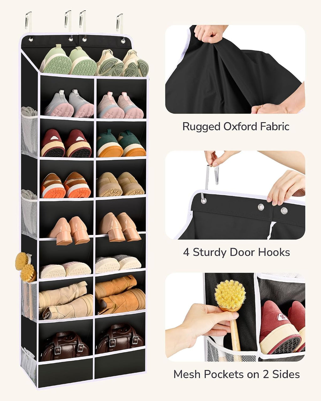 ULG Over The Door Shoe Organizer with 16 Large Pockets, Hanging Shoe Rack for Closet Door, Space Saving Shoe Storage Black