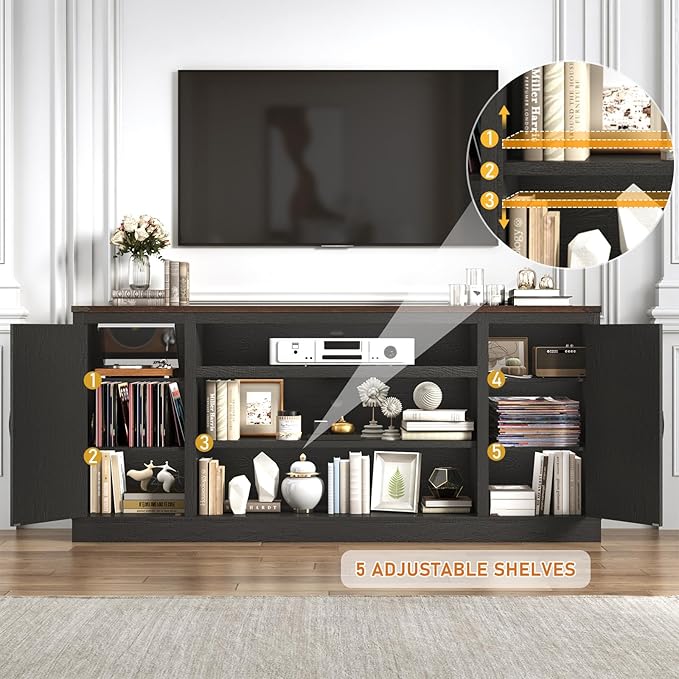 75" Farmhouse TV Stand with Power Outlets for 85 Inch TVs, 33" Tall Entertainment Center with Storage Cabinets w/Adjustable Shelves, Rustic Large TV Media Console, Black