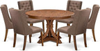 F7FO7-50N-18 - 7-Piece Dining Room Set Contains A Kitchen Table and 6 Brown Polyester Fabric Parsons Chairs with Button Tufted Back, Antique Walnut
