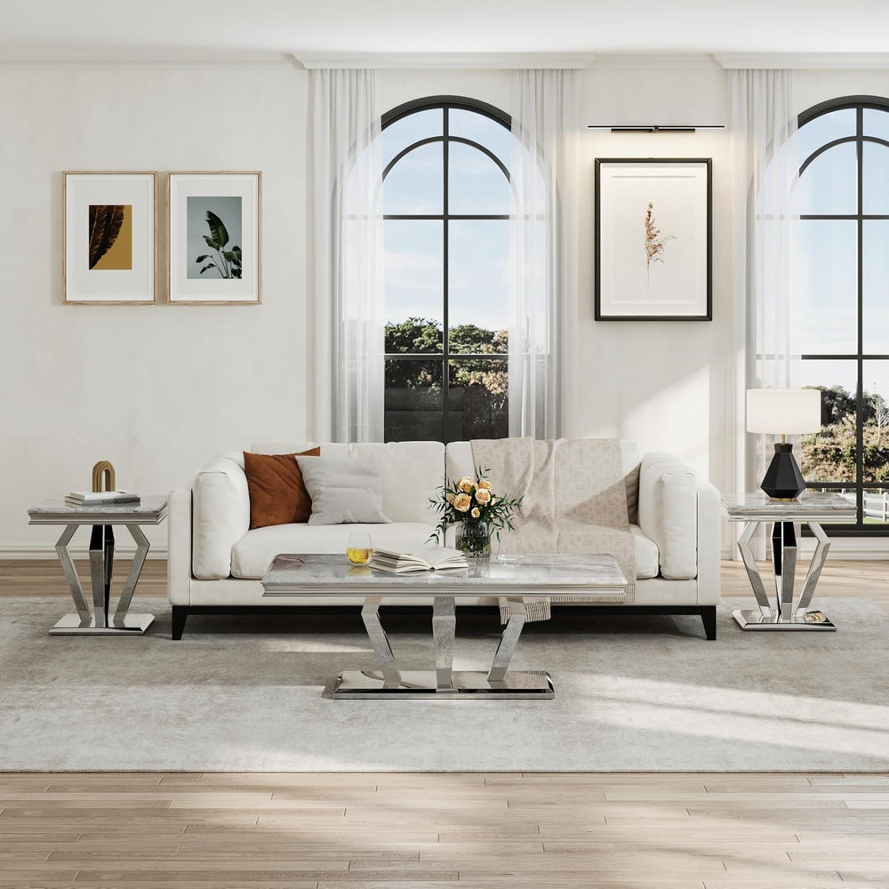 ACEDÉCOR 2 Piece Coffee Table Set with End Table, Modern White and Silver Liv...