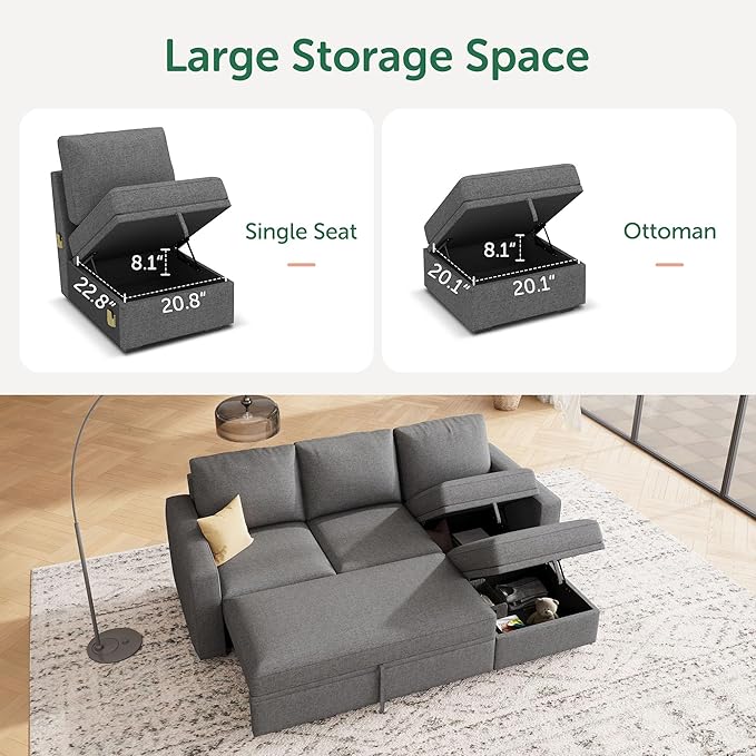 HONBAY Modular Sectional Sleeper Sofa with Pull Out Bed, L Shaped Couch with Storage Seat, Modular Sectional Couches for Living Room - Dark Grey