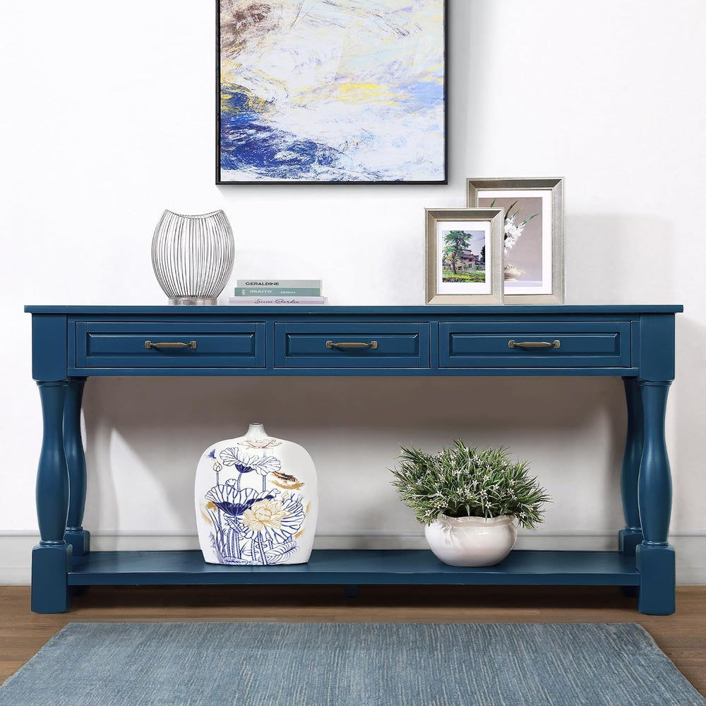 Merax Console Table with 4 Drawers, Retro Entryway Table with Open Storage Sh...