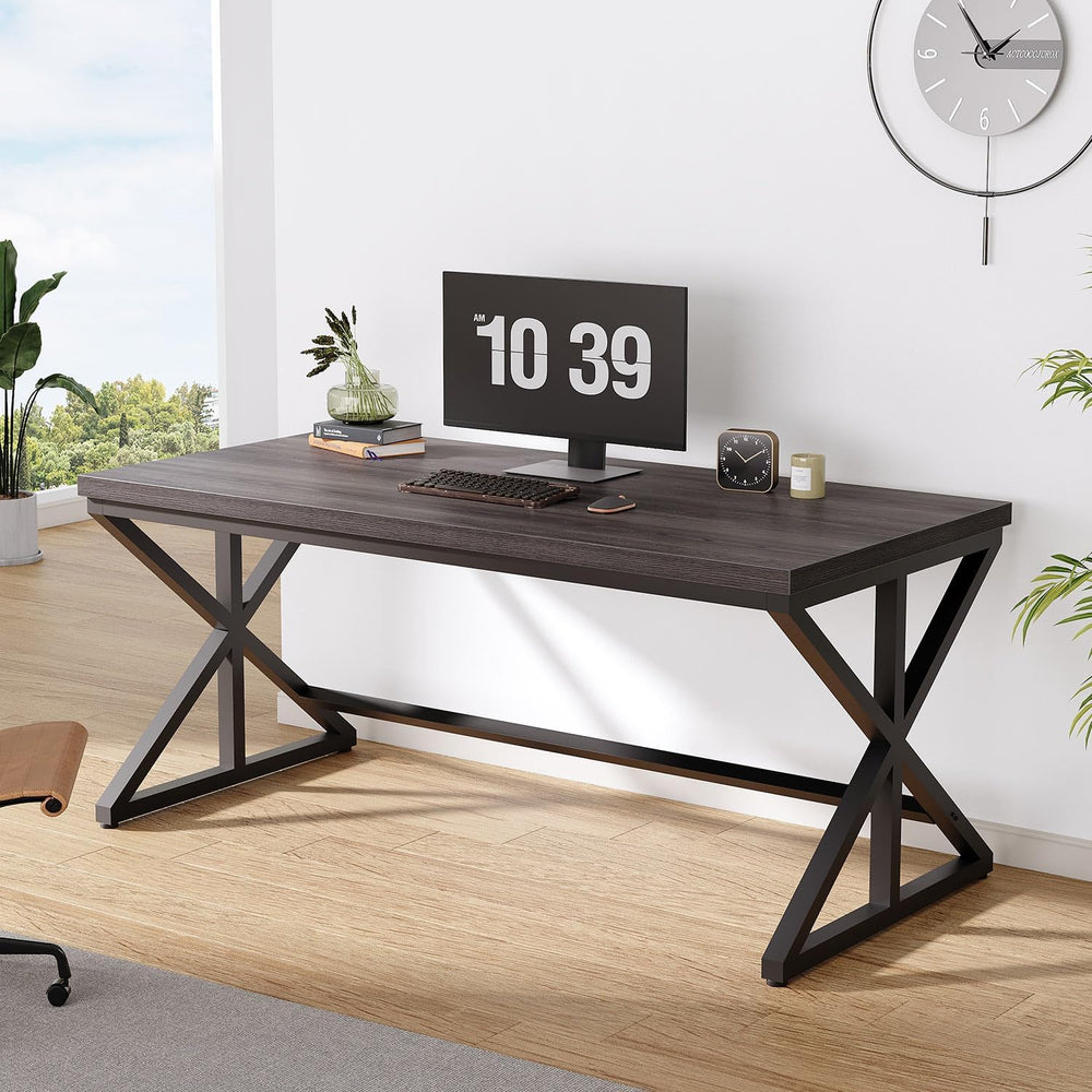 60 Inch Office Desk, Modern Wood Writing Study Computer Desk Dark Gray