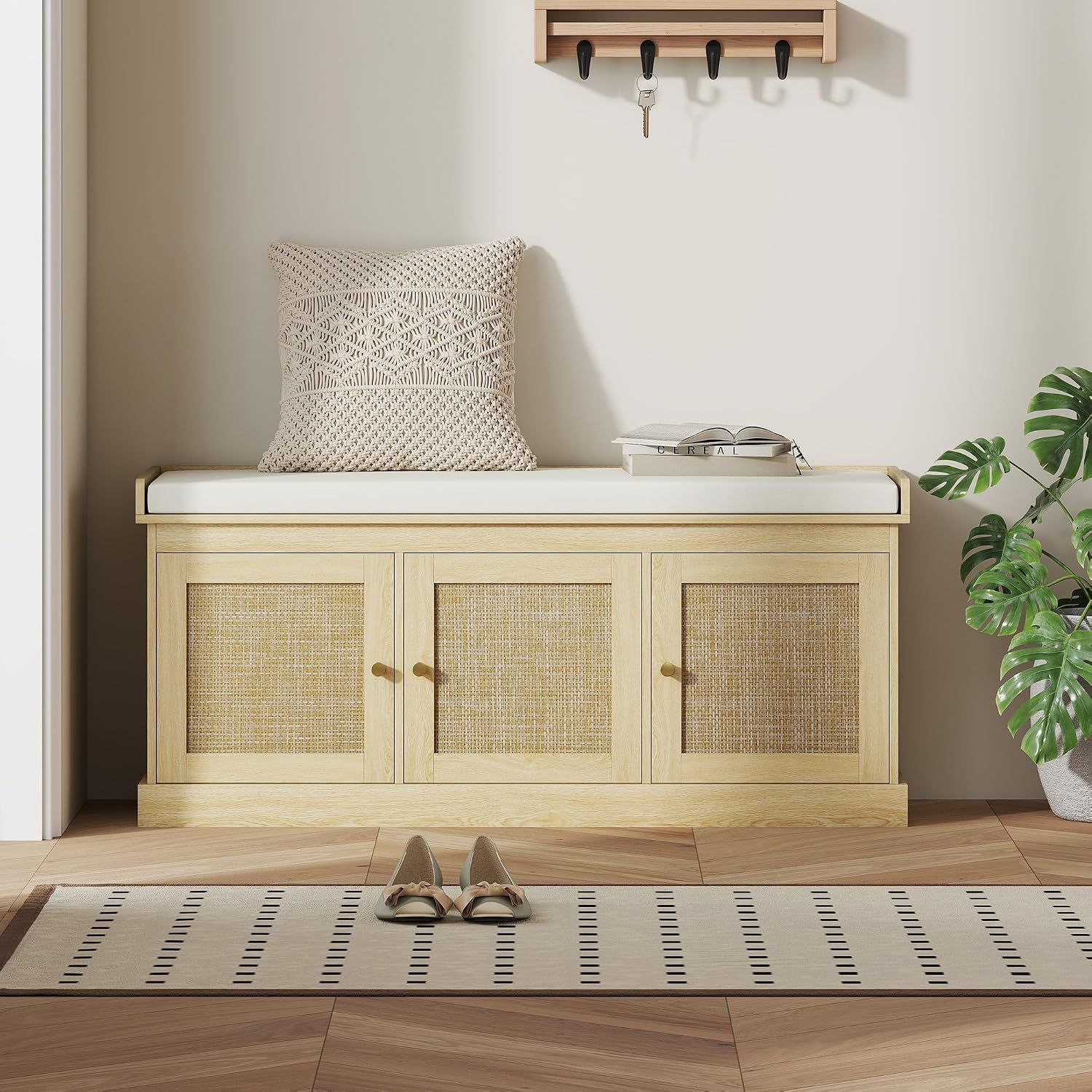 HOMCOM Shoe Bench Storage Rattan Doors 13.8 x 41.3 x 18.5 Inches Oak Tone | Cushion Seat, Adjustable Shelves for 9 Pairs, Boho Style, Bedroom, Living Room