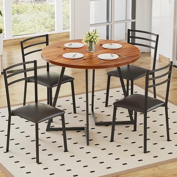 VECELO Round Dining Table Set for 4, Wood Tabletop & Heavy-Duty Steel Frame, 5-Piece Dinette with Chairs for Kitchen, Breakfast Nook, Walnut & Black
