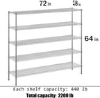 18" Deep x 72" Wide x 74" Height Wire Shelving Kit | 5-Tier | NSF Commercial Storage Rack Unit