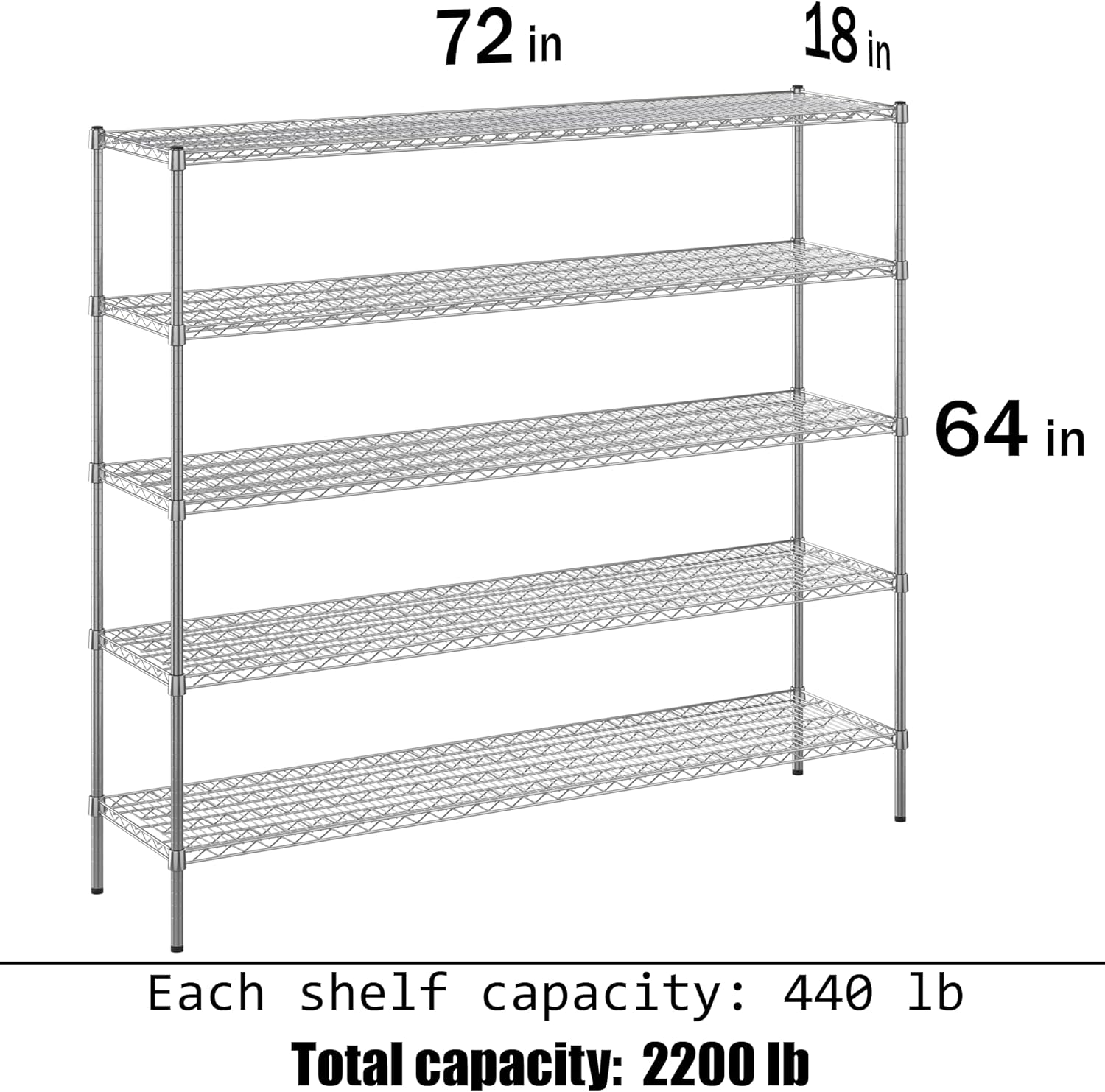 18" Deep x 72" Wide x 74" Height Wire Shelving Kit | 5-Tier | NSF Commercial Storage Rack Unit