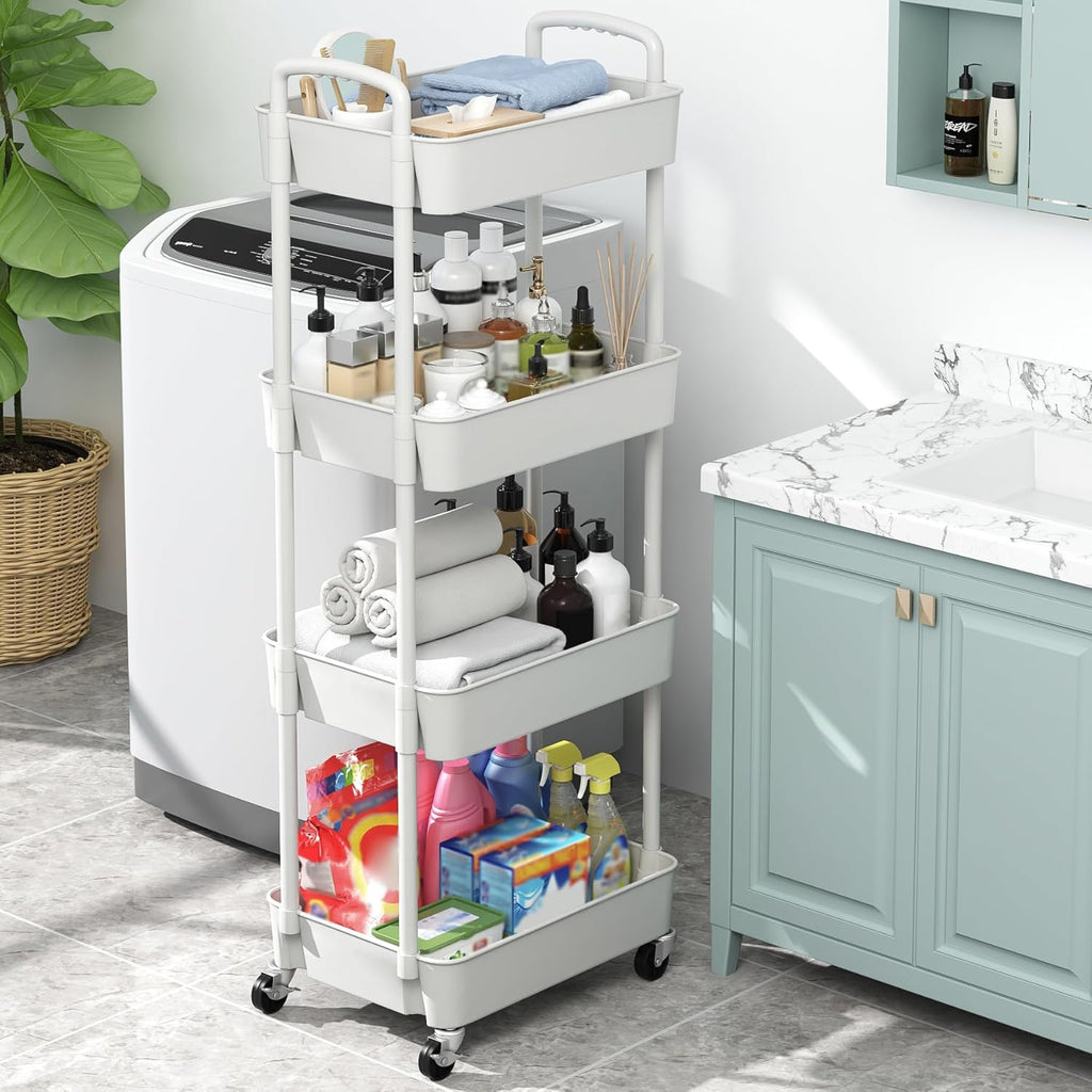 Sywhitta 4-Tier Plastic Rolling Utility Cart with Handle, Multi-Functional Storage Trolley for Office, Living Room, Kitchen, Movable Storage Organizer with Wheels, White