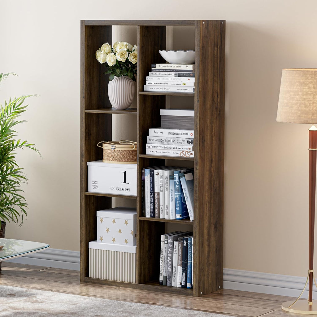 Cube Storage Organizer Bookcase, Decorative 11 inch Open Back Cubical Shelf with Thickened Border, Display Bookshelf for Living Room, Home Office, Sturdy Room (Brown, 7 Cube)