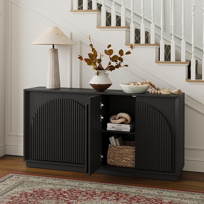 WIN2WIN 65" Fluted Sideboard Buffet Cabinet with Storage, Modern Credenza with Double-Layered Arch Doors, Wood TV Media Console Table Accent Cabinet for Living Room Dining Room Hallway Entryway, Black