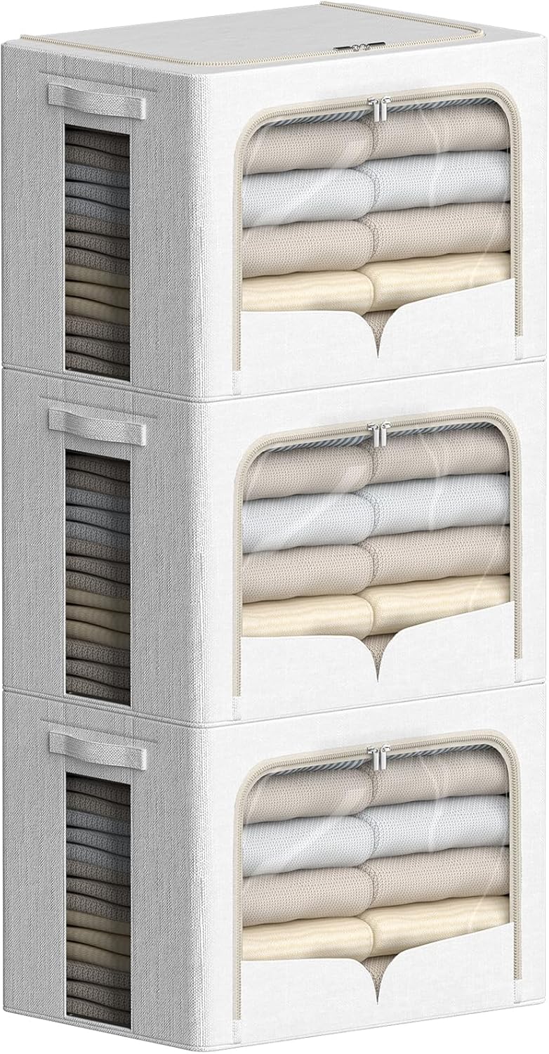 FHSQX 3 Pack Clothes Storage Bins Foldable Metal Frame Storage Box Stackable Linen Fabric Container Organizer Set with Carrying Handles and Clear Window (Cream White, 15.7x11.8x11.8inch(36L))