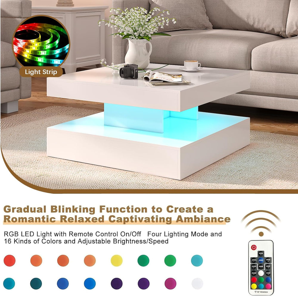 HedoAjim White LED Coffee Table for Living Room, 2-Tier Square Center Table L...
