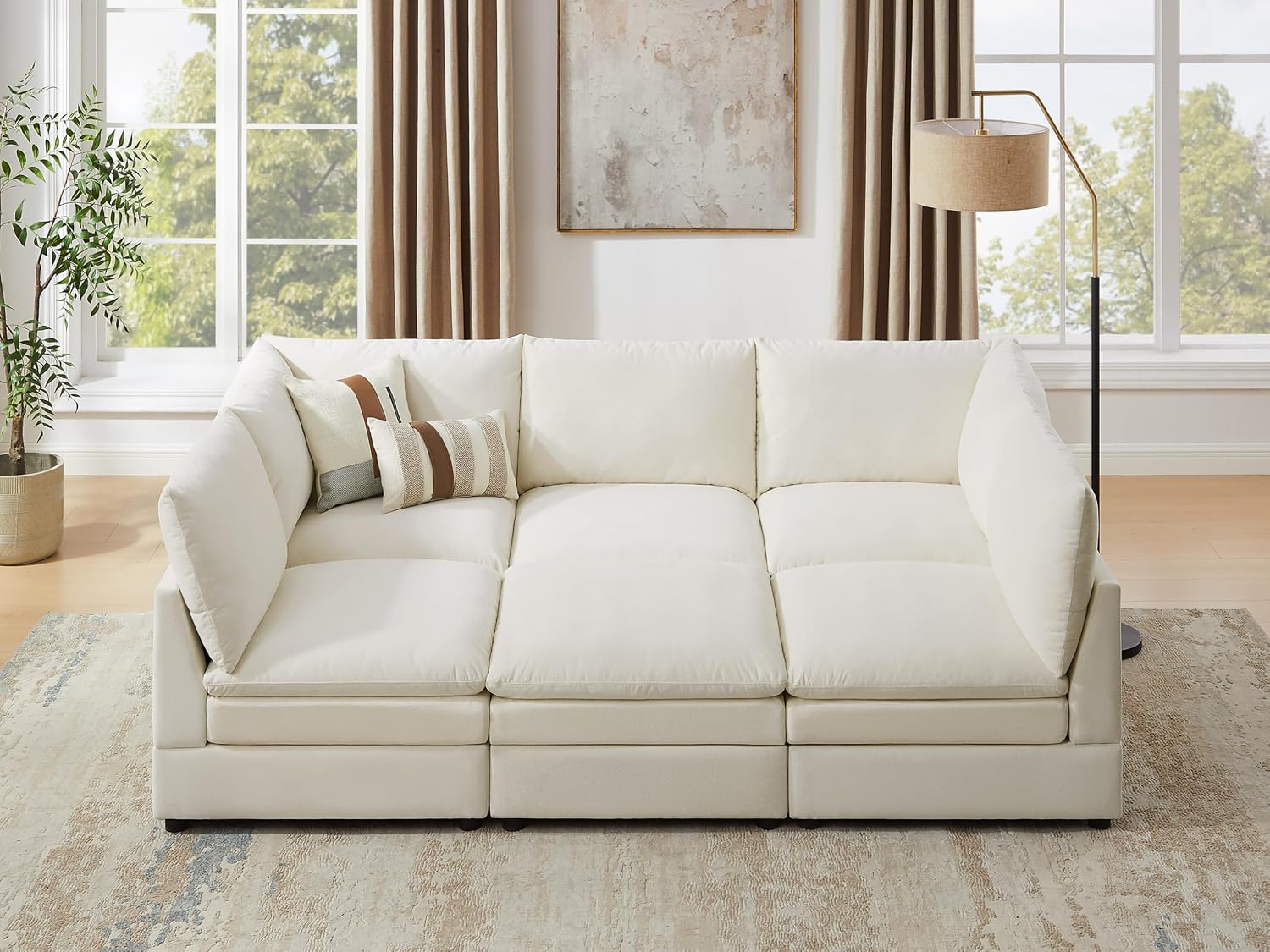 98" Cloud Modular Sectional Sofa Couches with Ottoman, Ivory White | Oversized Modern Sleeper Sofa with Deep Seat Double-Layer Thick Cushion, Convertible Upholstered Sofa Set for Living Room