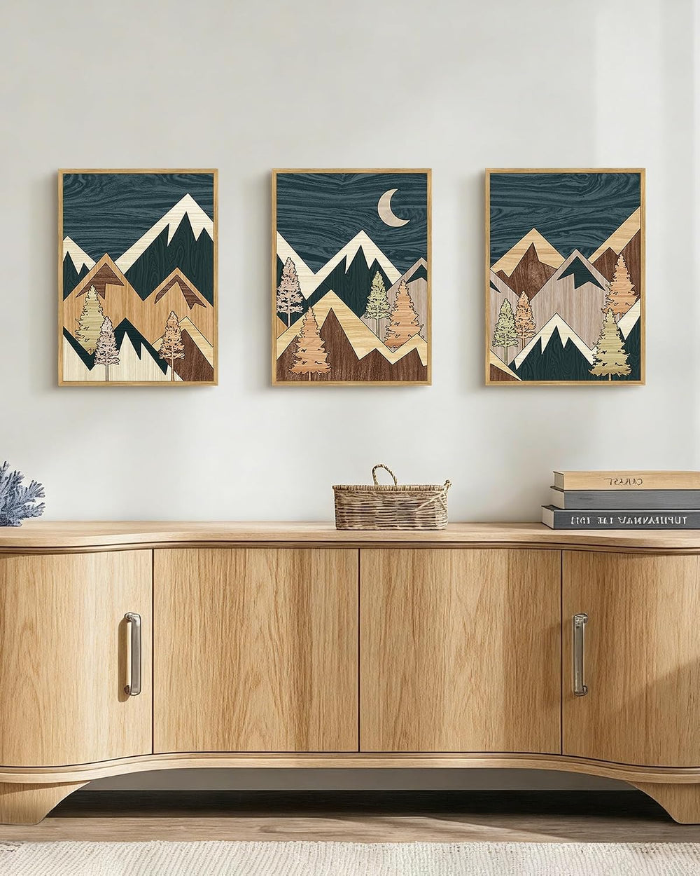 PHOPAGO Morden Mountains Framed Wall Art Boho Woodcut Pine Tree Forest Nature...