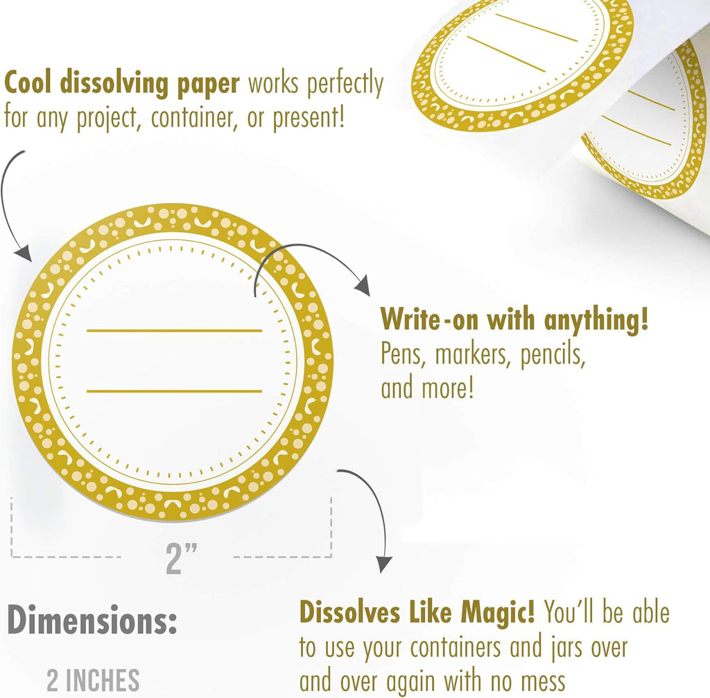 Canning Labels Dissolvable Stickers for Mason Jars and More (2" Round 200/roll) Canning Supplies Washes Off in Seconds Like Magic - Jar Labels Homemade Jam, Jelly, and More (Gold)