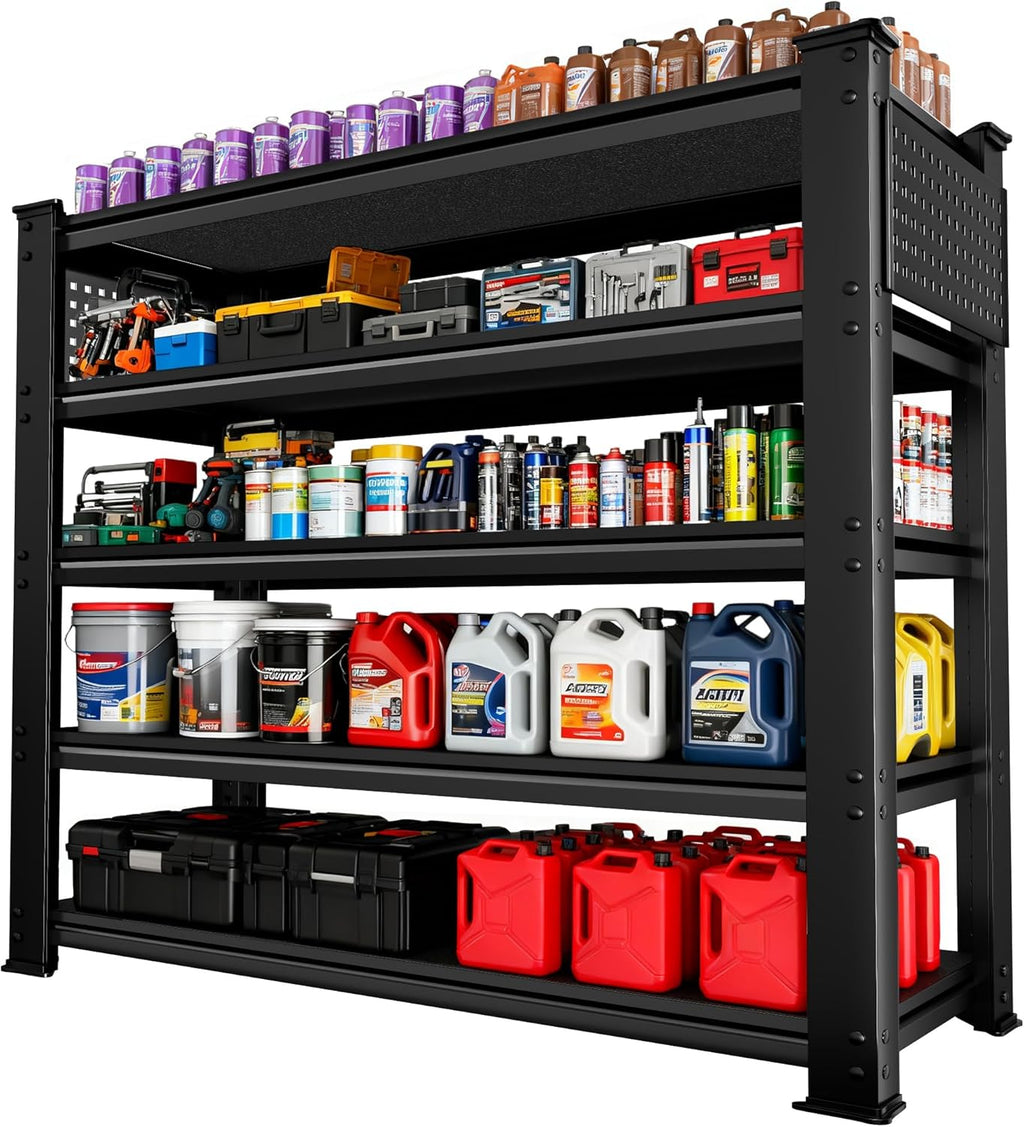 SILVEL 48.2"W Garage Shelving, 5000LBS Heavy Duty Metal Shelving, 2025 Solid Storage Shelves, 2 Side Pegboards, Industrial 5 Tier Shelves for Basement Pantry Warehouse Supermarket, 72.2" x24.2" x48.2"