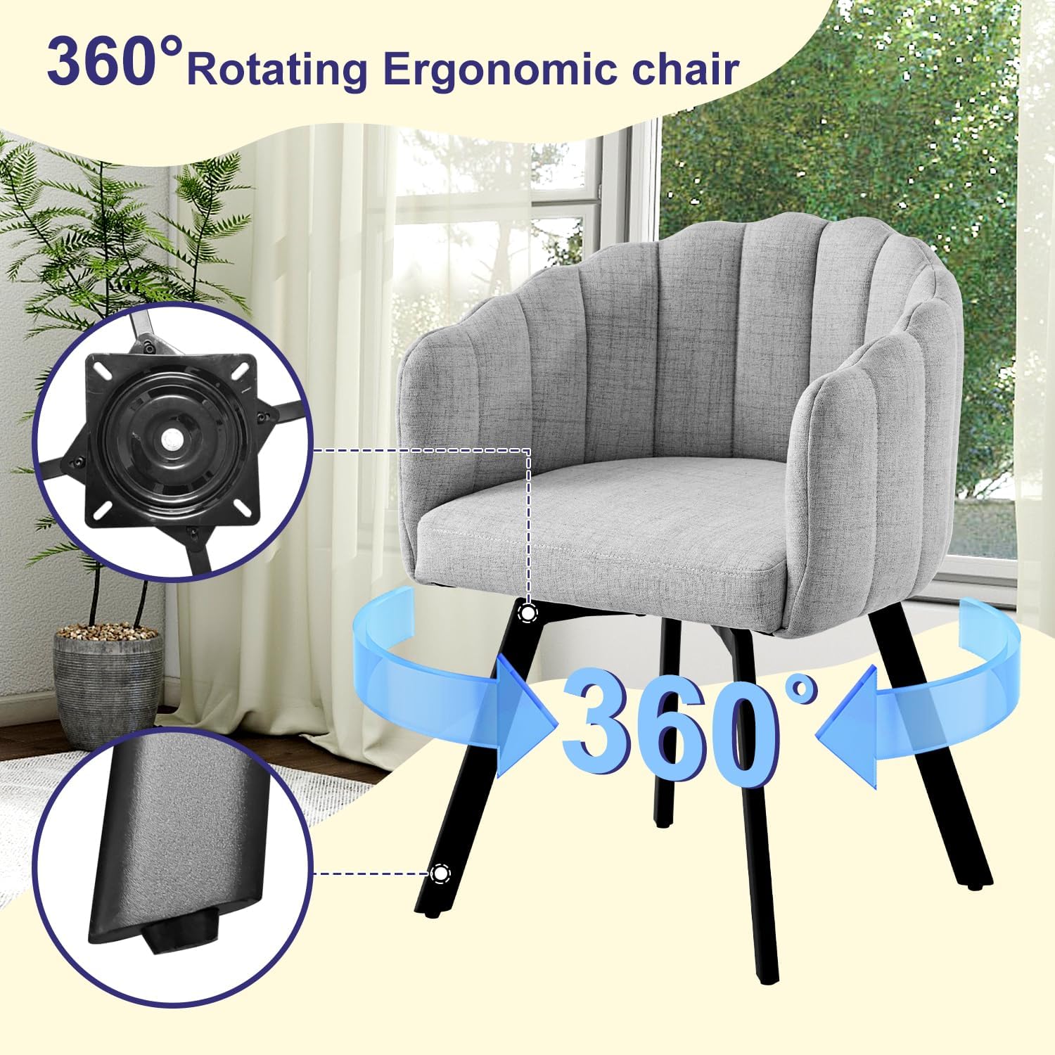 Swivel Dining Chairs Set of 2: Comfy Fabric Upholstered Metal Modern Accent Kitchen Chair with Arms & Back Black & Gray