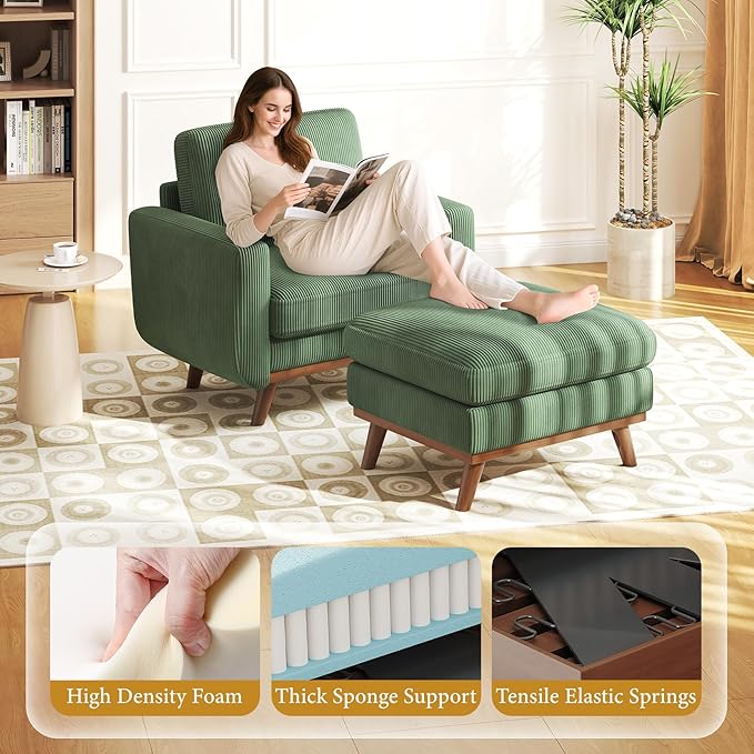 Vesgantti 38.5" Accent Chair with Movable Ottoman, Comfy Corduroy Armcha...