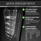 DECOLURE 5-Tier Adjustable Hanging Closet Organizer – Maximize Hanging Storage w/ 4 Hanging Hooks, 8 S Hooks & 5 Name Plates - Sturdy Foldable Wire Storage Hanging Shelves for Clothes, Towels (White)