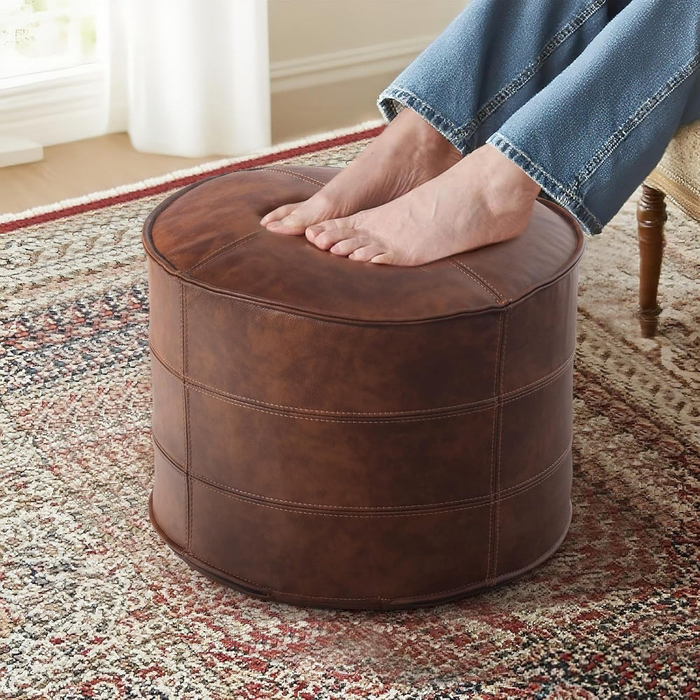 Couchus Genuine Leather Ottoman, Square Pouf Footstool (Round, Brown) | Moder...