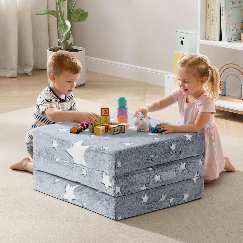 MeMoreCool Foldable Floor Mattress for Kids, Glow Star Trifold Mat, Kids Folding Mattress Portable Futon, 57x22 Inch Grey