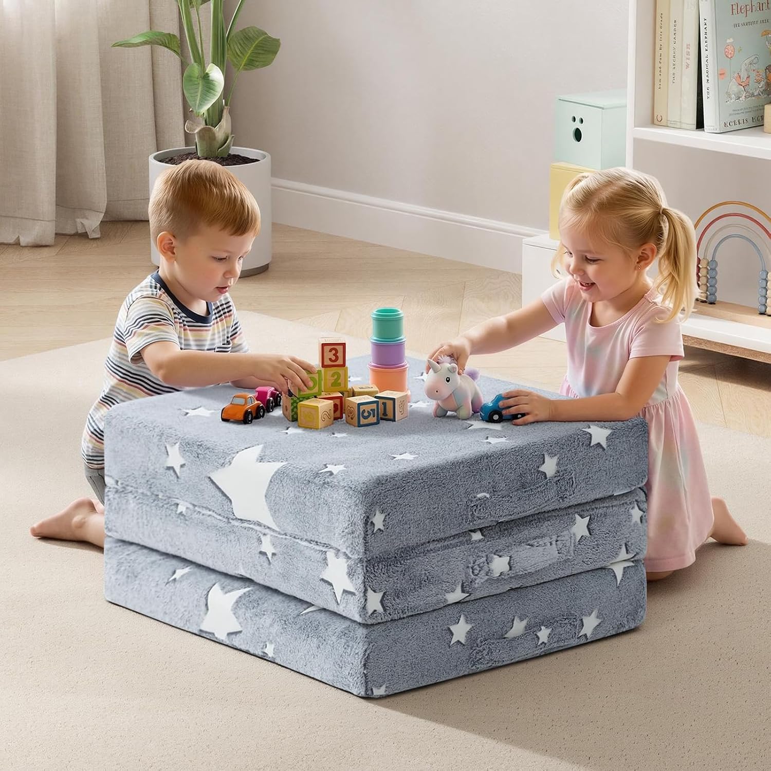 MeMoreCool Foldable Floor Mattress for Kids, Glow Star Trifold Mat, Kids Folding Mattress Portable Futon, 57x22 Inch Grey