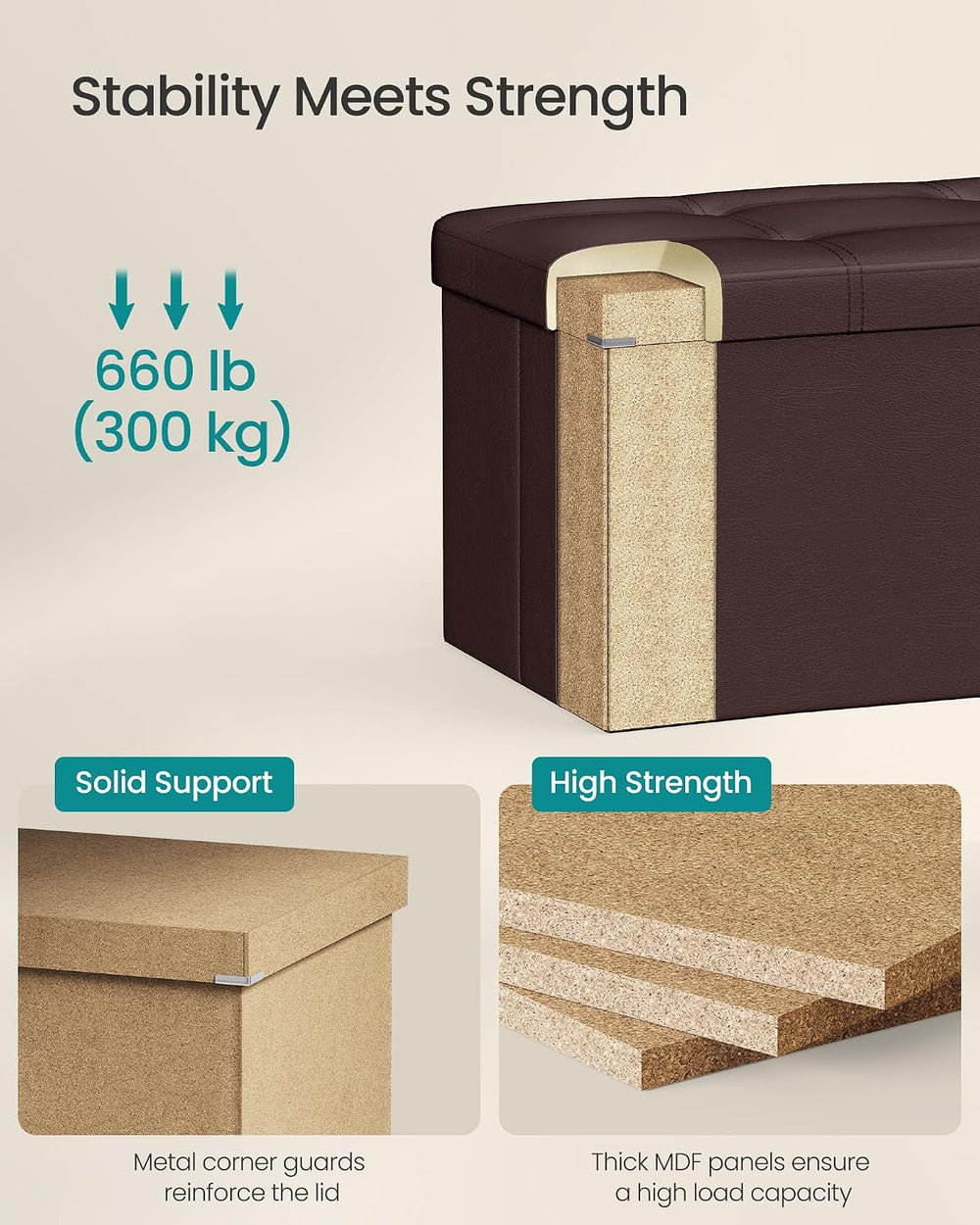 SONGMICS Storage Ottoman Bench, 43.3 Inches Folding Foot Rest Stool | PU Leat...
