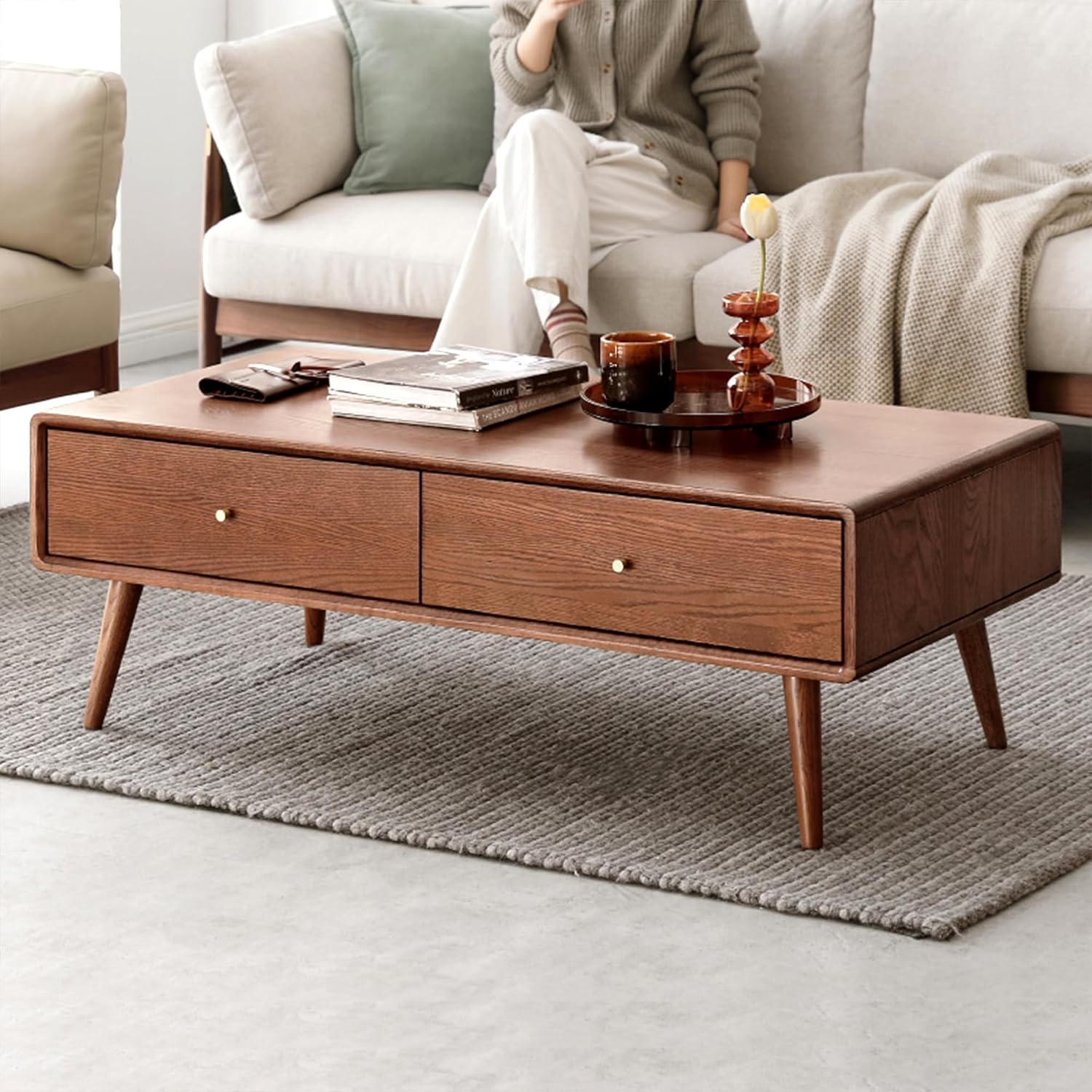 47.24" Solid Wood Coffee Table with Large Storage for Living Room, Oak Coffee Table with 4 Drawers, Mid-Century Modern Coffee Tables for Home (Walnut Color)