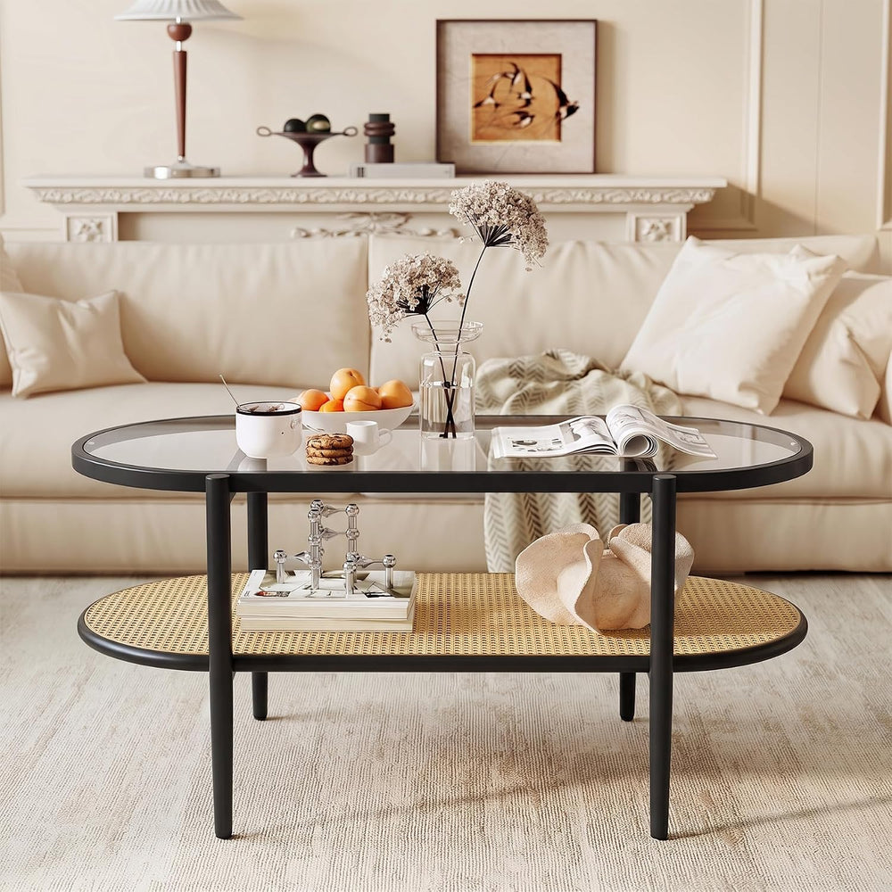 Boho Oval Coffee Table with Storage Shelf, 2-Tier Tempered Glass