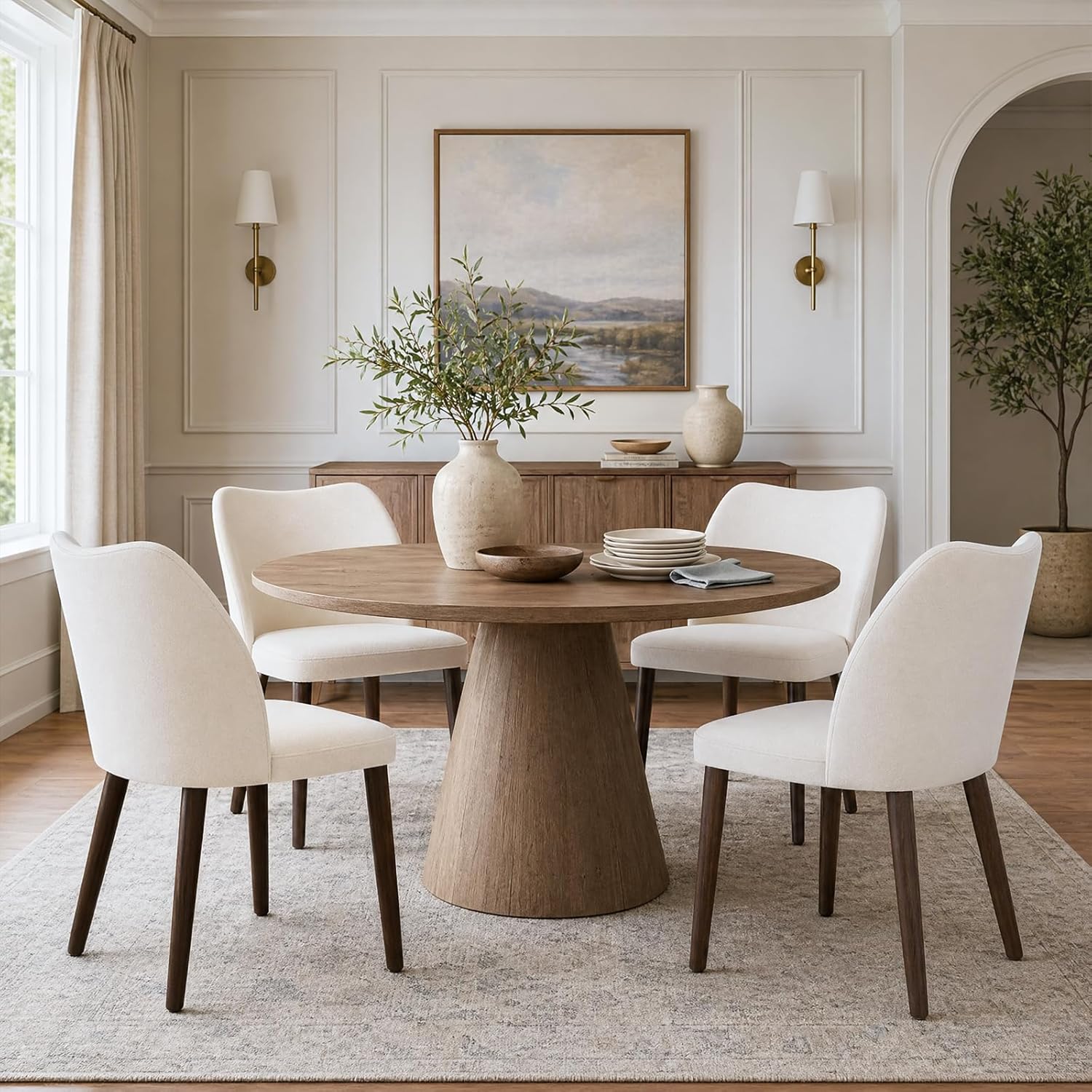 COLAMY Dining Chairs Set of 4, Upholstered Fabric Kitchen Chairs with Curved Back, Padded Seat and Solid Wood Legs, Modern Dining Chair for Kitchen Dining Room, Beige