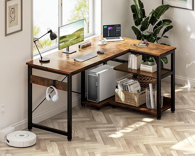 Casaottima L Shaped Computer Desk, 40 Inch Small Corner Desk with Storage Shelves & PC Stand, Reversible Gaming Desk for Bedroom, Modern Writing Study Table for Home Office, Vintage