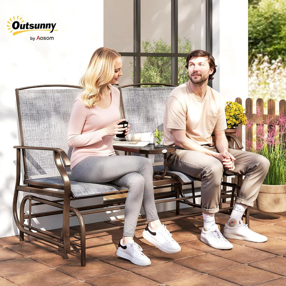 Outsunny Outdoor Glider Bench with Center Table Metal Frame Armrests Gray | P...