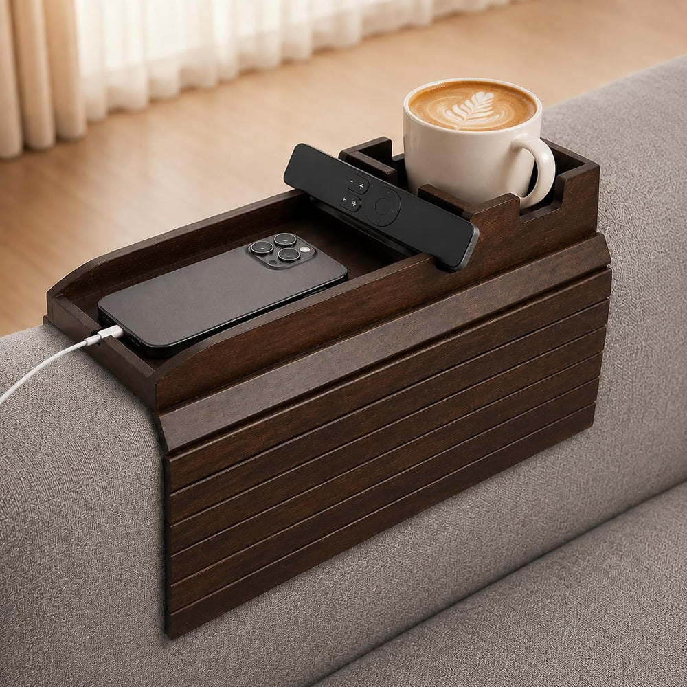 Bamboo Couch Arm Tray Table with Built-in Cup Holder, Foldable Anti-Slip Sofa...