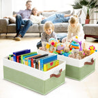 3 Pack Large Capacity Storage Bins Closet Organizer for Shelves, Fabric Closet Storage Baskets Boxes with Leather Handles for Organizing Clothes, Sheets, Jeans, Toys, Books (Green)