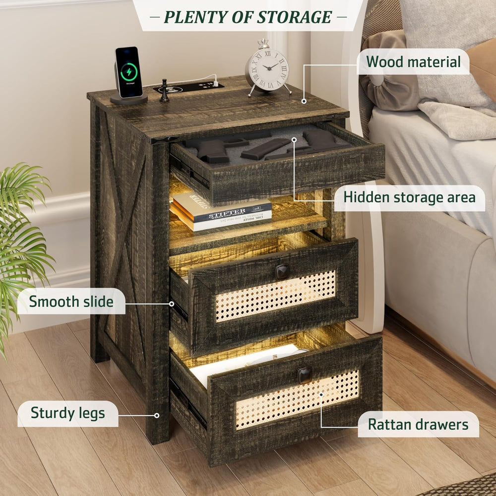 Farmhouse Night Stand with Gun Drawer, Bedside Table with Charger Station, LE...