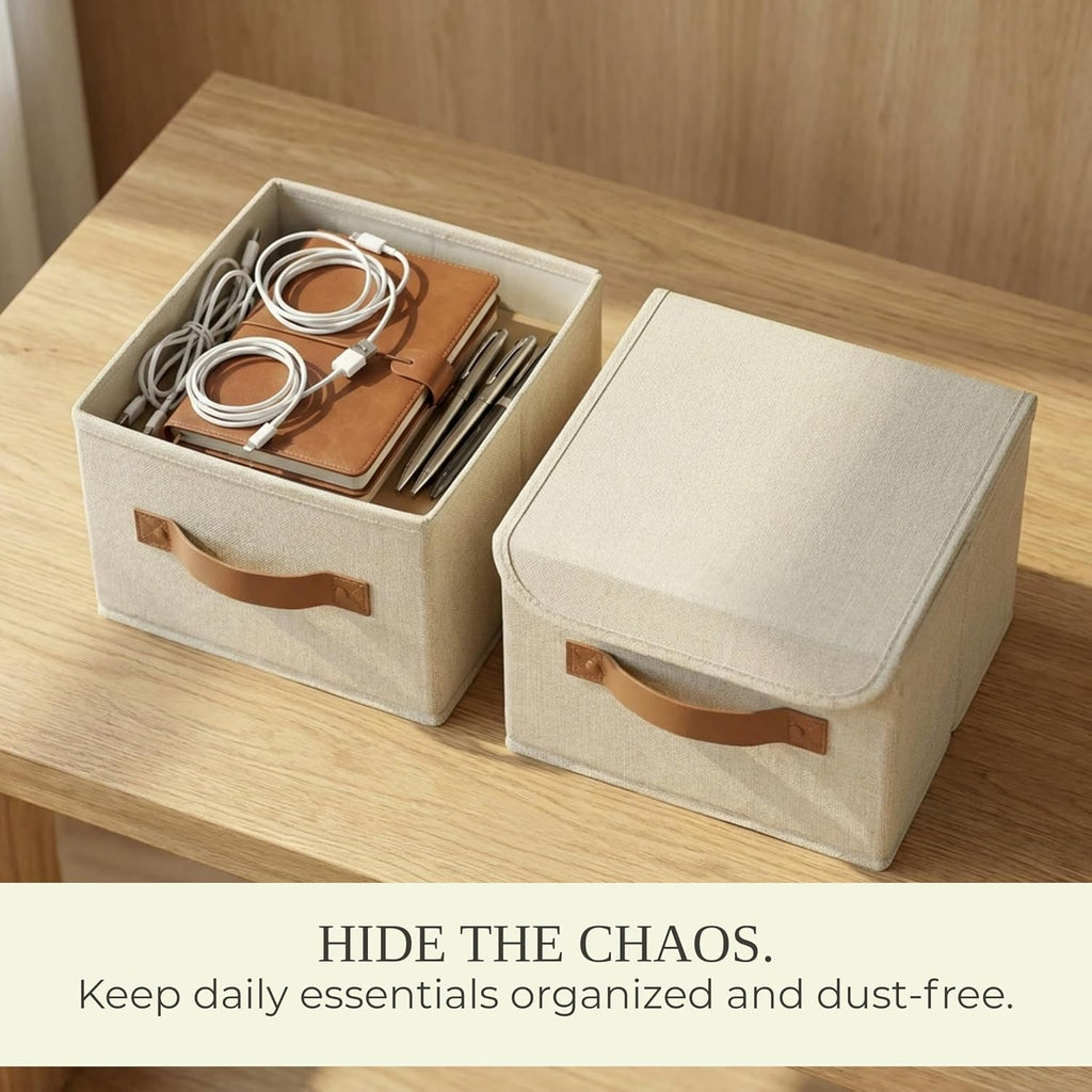 Decorative Linen Storage Boxes with Lids - Spacious Set of 2 Organizer Bins for Your Home Decor - The Perfect Small Container to Safely Store Photos, Documents and Memory Box Keepsakes in Style