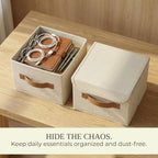 Decorative Linen Storage Boxes with Lids - Spacious Set of 2 Organizer Bins for Your Home Decor - The Perfect Small Container to Safely Store Photos, Documents and Memory Box Keepsakes in Style