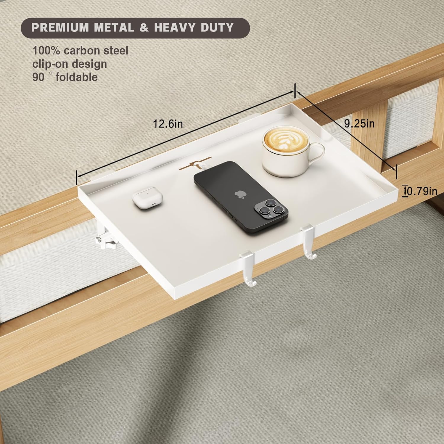 Bedside Shelf Foldable, Metal Clip-On Bunk Bed Table Shelf for Top Bunk Heavy Duty Bed Side Table Tray for College Dorm Room Essentials, Loft Nightstand Organizer Tray with 1 Cord Hole(White)