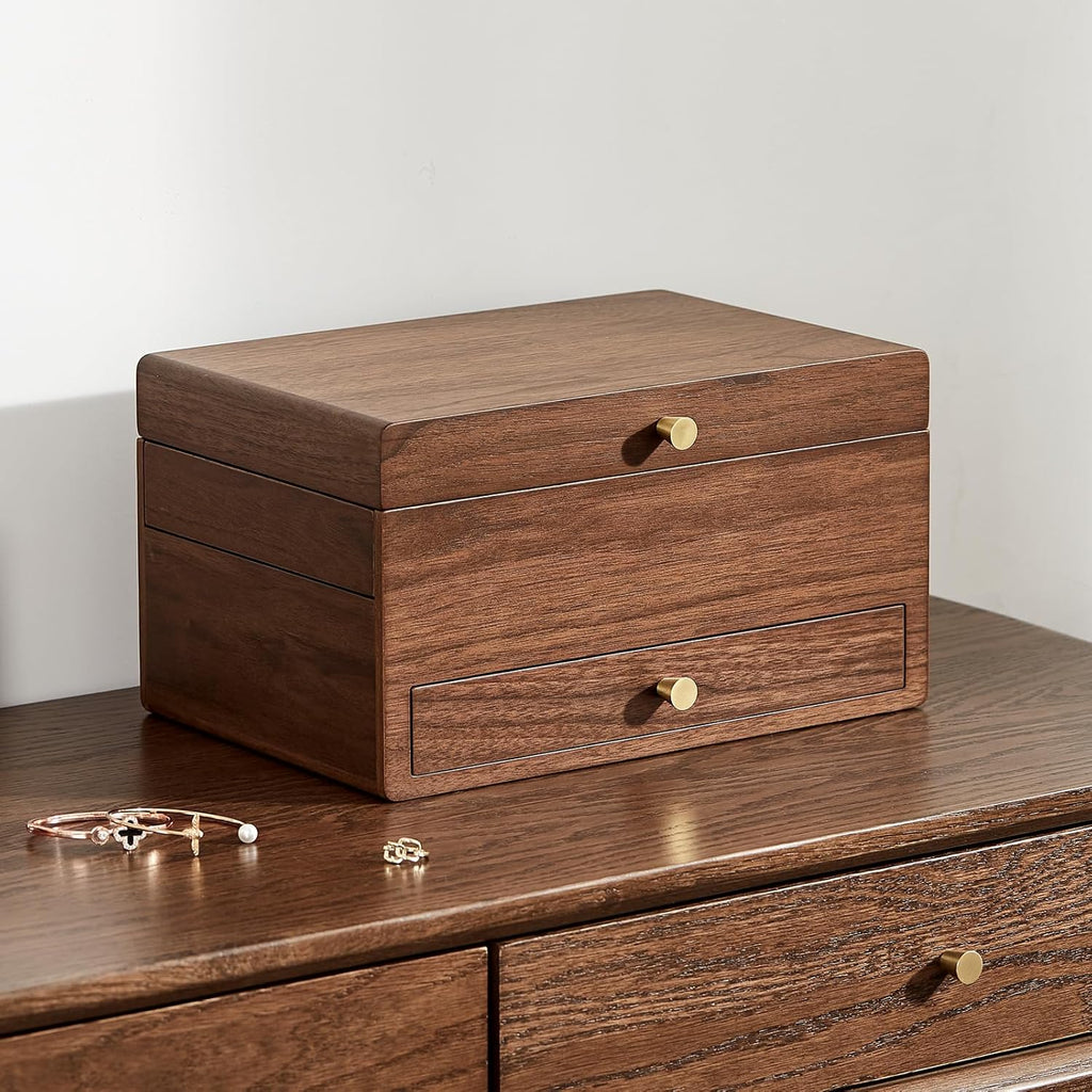 CHOSIN Black Walnut Wooden Jewelry Box for Women, 3 Level Multi-functional Drawer Organizer Box Watch Necklace Ring Earring Storage Christmas Gifts