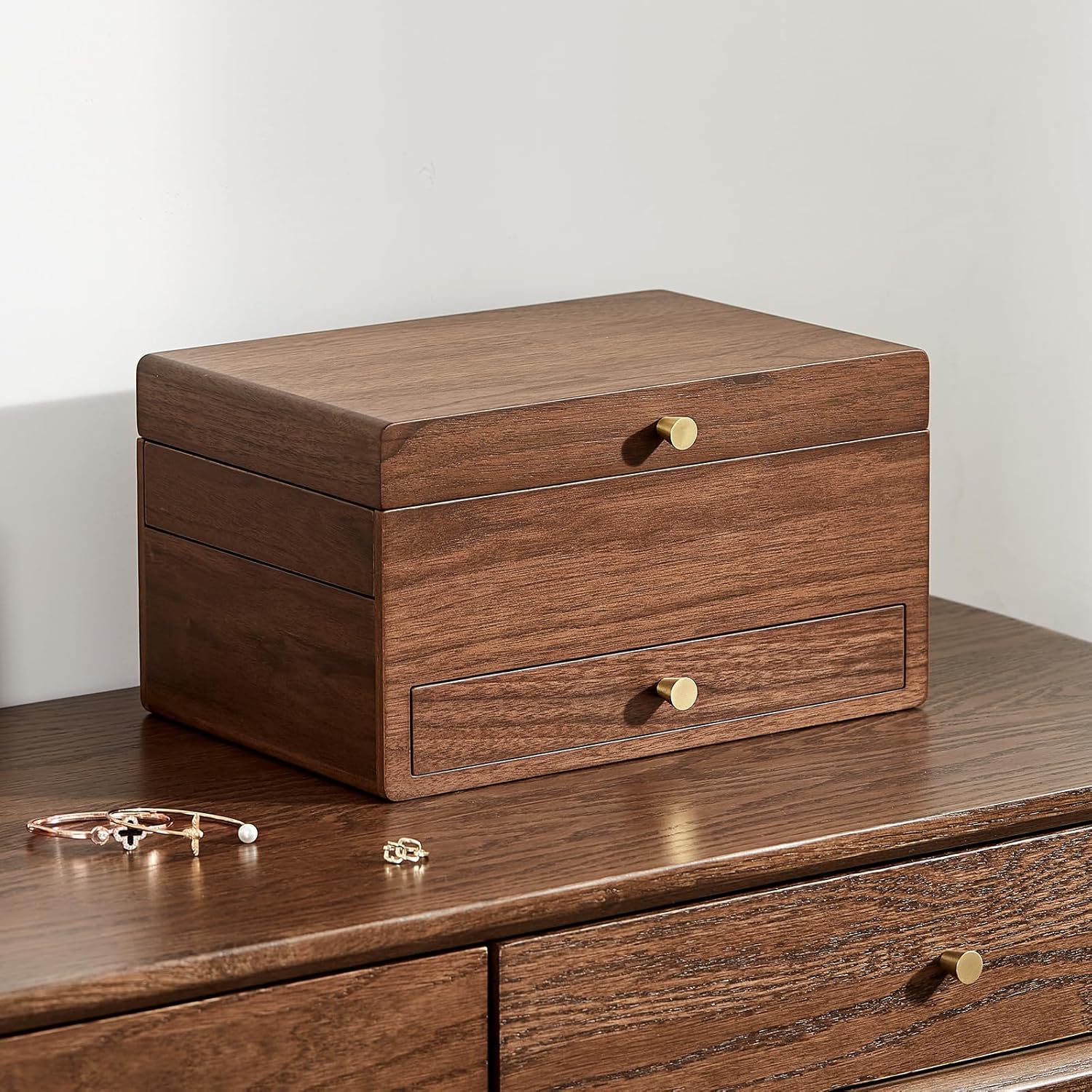 CHOSIN Black Walnut Wooden Jewelry Box for Women, 3 Level Multi-functional Drawer Organizer Box Watch Necklace Ring Earring Storage Christmas Gifts