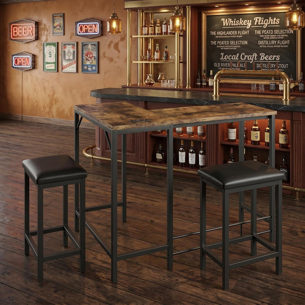 Takywep Bar Table and Chairs Set 3 Pcs, Convertible l Shaped Kitchen Bar Table with 2 Stools and Power Outlets, Space Saving Counter Height Dining Set for Apartment and Small Kitchen
